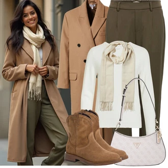 Outfit s Tmavě zelená/Khaki Plisovaná kalhoty/Zimní Kalhoty/Mušelínové kalhoty/Twillová Kalhoty/Mrkvová Kalhoty/Rovná Kalhoty/Boyfriend Kalhoty/Ležérní Kalhoty/Kalhoty se Štěrbinou/Paperbag Kalhoty Object "Zimní Outfity"