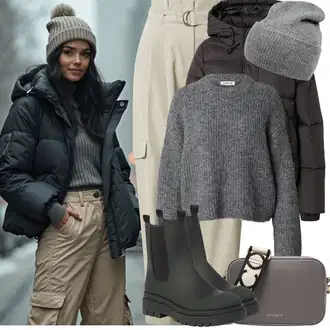 S zakovicama Outfit sa Crna Chelsea Gležnjača/Gumena Gležnjača/Ravna Gležnjača/Kožna Jakna About You "Zimske Odjeće"Look: S zakovicama, Trekking, Hodanje, Skating, Jahanje