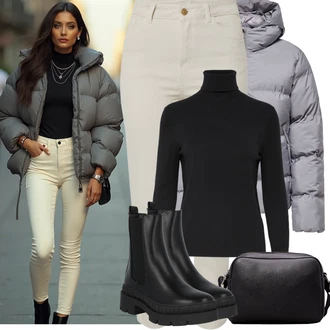 Outfity s "mom" džínami s Černá Chelsea Boty/Plochá Kotníková Bota/Kožená bunda About You "Zimní Outfity"