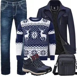 Outfit mit Dunkelblau/Blau/Weiß/Hellblau/Beige StrickPullover/Vintage Pullover/WollPullover/Norweger Pullover/Pullover Bedrucken/Jacquard Pullover/WinterPullover/WeihnachtsPullover Demegimi "winter outfit"