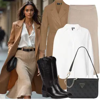Outfity na zimu Áčkového Střihu s Béžová/Hnědá/Khaki/Šedá Vila "Zimní Outfity"Look: Áčkového Střihu, Rad, Emo, Klasické, Cool, Old Money, Příliš oblečený, Nadrozměrné, Traditional