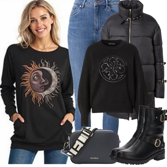 Motor Outfit sa Crna/Smeđa Čizmica Ravna Gležnjača/Motociklistička čizma/Kožna gležnjača/motociklistička čizma About You "Zimske Odjeće"Look: Jahanje, Motor