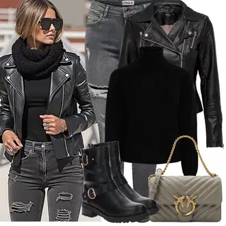 Outfity na zimu s Šedá/Tmavě šedá/Světle šedá Džíny Kožená bunda/Kožené bundy/Džíny s Dírou/Motorkářské Džíny/Džíny s Rozparkem Only "Zimní Outfity"