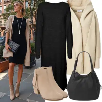 Outfity na zimu s Černá/Tmavě šedá/Šedá Dlouhé pletené šaty/Šaty S Rolákem/Svetrové Šaty/Zimní Pletené Šaty VERO MODA "Zimní Outfity"