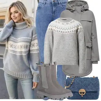 Nordijski uzorak Outfit sa Siva/Srebro Vuneni Džemper/Norveški Džemper/Norveški Pulover Dorothy Perkins "Zimske Odjeće"