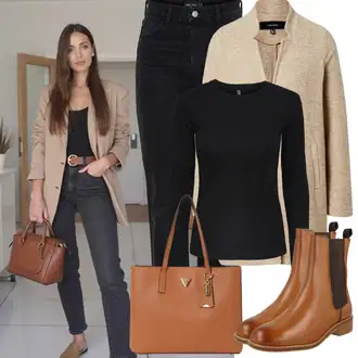 vypchaný Outfit sa Crna/Tamnoplava Traperice Ravne Nogavice/High Waist Traperice/Mom Jean/Traperice Slim Kroja/Dad Traperice/Traperice Standardnog Kroja/Zimska jakna/Kožne Cipele/Traperice s Prorezom/Muška Kožna Jakna/Termo Traperice Pieces "Zimske Odjeće"