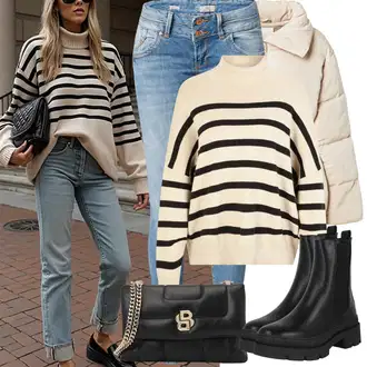 S zakovicama Outfit sa Crna Chelsea Gležnjača/Ravna Gležnjača/Kožna Jakna About You "Zimske Odjeće"Look: S zakovicama, Jahanje, Hodanje, Skating