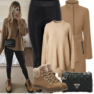 Outfit s Černá Formovaná Legína/Tregíny/Legíny s Podšívkou/Legíny s Vysokým Pasem/Kalhoty z Umělé Kůže/Vinylový Legín/Legíny Kožený Vzhled/Neprůhledný Legíny/Kožený legíny/Latexové legíny/Legíny s Rozparkem Only "Zimní Outfity"