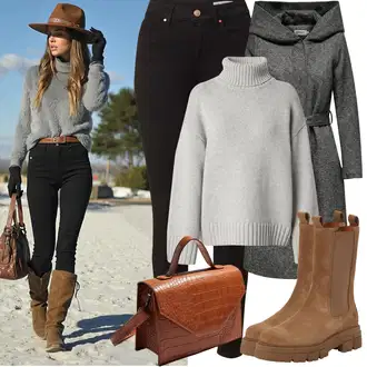 Outfit s Šedá/Tmavě šedá Tweedový Kabát/Vlněný Fleecový Kabát/Midi Kabát/Kabát s Kapucí/Lodenový kabát/Kašmírový Kabát/Zimní Kabát Vlněný kabát/Kabát Bouclé/Pletený Fleecový Kabát Only "Zimní Outfity"