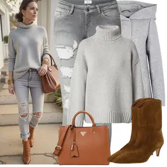Outfity na zimu s Šedá/Světle šedá Džíny Kožené bundy/Džíny s Dírou Only "Zimní Outfity"