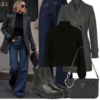 Outfit s Tmavě modrá/Modrá/Světle modrá Džín s Širokou Nohavicí/Zvonové Džíny/Džíny Culottes/Džíny Volného Střihu/Kožená Pánská Bund/Plisované Džíny/Vintage džíny rÆre by lorena rae "Zimní Outfity"