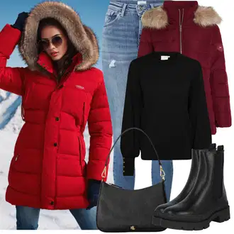 S zakovicama Outfit sa Crna Chelsea Gležnjača/Ravna Gležnjača/Kožna Jakna About You "Zimske Odjeće"Look: S zakovicama, Jahanje, Hodanje, Skating