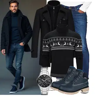 Outfit mit Schwarz Jacquard Pullover/Norweger Pullover/WollPullover/RollkragenPullover/WinterPullover Freshhoodies "Winter Outfits"