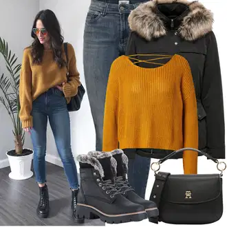 Outfity na zimu s Šedá/Modrá Džíny Kožená bunda/High Waist Džínové Kalhoty/Termální Džíny/Navlékací Džíny/Push up Džín/Kotníková Bota/Kožené Boty/Slim Fit Džíny/Džíny s Rozparkem/Motorkářské Džíny/Dámské Džíny s Délkou 7/8/Zimní bunda Only "Zimní Outfity"