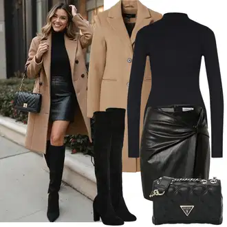 Kombinacije s čizmama sa Crna Čizma Iznad Koljena/Kožna Čizma Iznad Koljena/Čizma do Koljena/Duga Čizma/Ravna čizma preko koljena About You "zimski outfit"