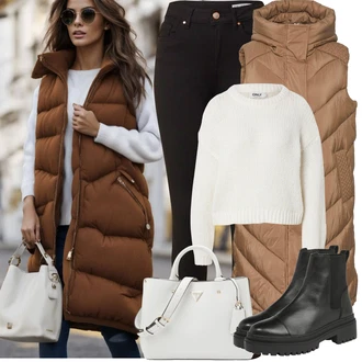 Outfit sa Smeđa/Bež/Kaki Dugi Prsluk/Pufnasti Prsluk/Donji Prsluk yas "Zimske Odjeće"