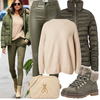 Zakrpe Outfit sa Tamnozelena/Kaki Kožna Jakna/Bikerske Traperice/High Waist Traperice/Termo Traperice/Traperice s Prorezom JdY "Zimske Odjeće"