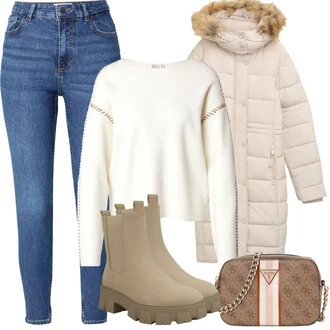 Outfit s Hnědá/Béžová/Khaki Chelsea Boty/Kožená bunda/Plochá Kotníková Bota/Gumová Kotníková Bota About You "Zimní Outfity"