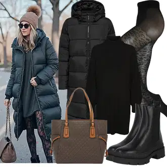 S zakovicama Outfit sa Crna Chelsea Gležnjača/Ravna Gležnjača/Kožna Jakna About You "Zimske Odjeće"Look: S zakovicama, Jahanje, Hodanje, Skating
