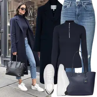 Šik Outfit s Krémová/Černá/Bílá Úzká Teniska/Tenisky s Bočním Zipem/Teniska na platformě/Kožené Tenisky/Nízká Teniska Only "Zimní Outfity"Look: Šik, Lak, Moderní, Sportovní, Unisex