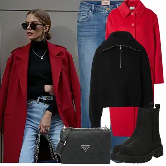 Outfit sa Crna Pletivo Veći Broj/Kaput/Sweater majica about you x marie von behrens "Zimske Odjeće"