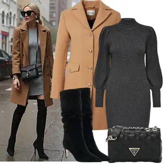 Outfity na zimu s Šedá/Tmavě šedá/Černá Šaty S Rolákem/Svetrové Šaty/Pletené Šaty/Zimní Pletené Šaty Only "Zimní Outfity"