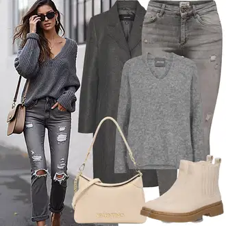 Outfity na zimu s Šedá/Tmavě šedá/Světle šedá Džíny Kožená bunda/Kotníková Bota/Push up Džín/Kožené bundy/Džíny s Nízkým Sedem/Džíny s Dírou/Džíny s Rozparkem Only "Zimní Outfity"