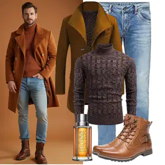 Outfit mit Bordeaux/Braun/Dunkelrot/Dunkelbraun Vintage Pullover/Jacquard Pullover/Kaschmir Pullover/StrickPullover/WinterPullover/WollPullover/RollkragenPullover COOFANDY "Winter Outfits"