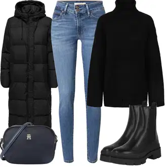 S zakovicama Outfit sa Crna Chelsea Gležnjača/Ravna Gležnjača/Kožna Jakna About You "Zimske Odjeće"Look: S zakovicama, Jahanje, Hodanje, Skating