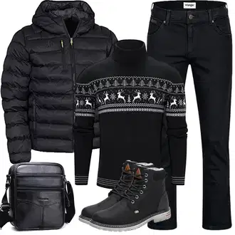 Outfit mit Schwarz Jacquard Pullover/Norweger Pullover/WollPullover/RollkragenPullover/WinterPullover Freshhoodies "Winter Outfits"