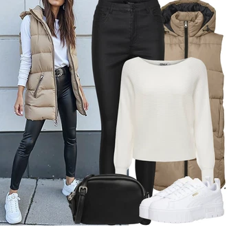 Outfit s Hnědá/Khaki/Béžová/Šedá Peřová Vest/Dlouhá Vest/Vest bez Rukávů/Obracející se Vest/Puffer Vest Noisy may "Zimní Outfity"