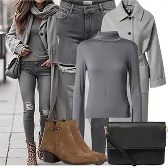 Outfity na zimu s Šedá/Tmavě šedá/Světle šedá Džíny Kožená bunda/Kožené bundy/Džíny s Dírou/Motorkářské Džíny/Džíny s Rozparkem Only "Zimní Outfity"