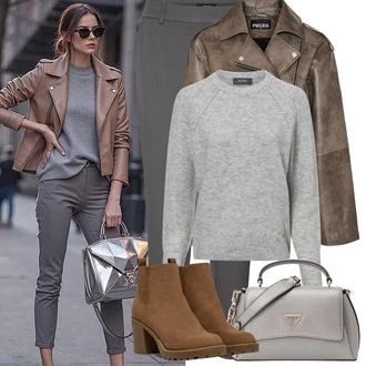 Outfit s Hnědá/Khaki/Tmavě šedá/Šedá Navlékací Kalhoty/Bengaline Kalhoty/Kalhoty s Vysokým Pasem/Kalhoty se Štěrbinou/Strečová Kalhoty/Zimní Kalhoty/Business Kalhoty/Mušelínové kalhoty/Skinny Kalhoty/Úzká Kalhoty/Obleková Kalhoty VERO MODA "Zimní Outfity"