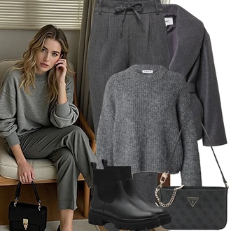 Outfit s Světle šedá/Fialová/Šedá/Tmavě šedá/Růžová Paperbag Kalhoty/Mušelínové kalhoty/Tvídová Kalhoty/Mrkvová Kalhoty/Obleková Kalhoty/Ležérní Kalhoty/Kalhoty s nášivkou uprostřed/Látková Kalhoty/Business Kalhoty/Kalhoty s Vysokým Pasem Only "Zimní Outfity"