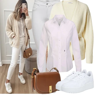 Outfit s Béžová/Bílá/Khaki/Oranžová Kardigan Kašmírový kardigán/Vlněný kardigán/Zavinovací svetr/Svetr boucle/Zimní svetr Edited "Zimní Outfity"