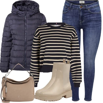 Outfit s Hnědá/Béžová/Khaki Chelsea Boty/Kožená bunda/Gumová Kotníková Bota/Plochá Kotníková Bota/Kotníková Bota s Podšívkou About You "Zimní Outfity"