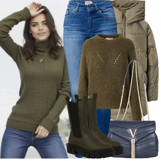 Hunting Outfit s Tmavě zelená Kozačka Chelsea Boty/Kožená bunda/Gumová Kotníková Bota About You "Zimní Outfity"Look: Jízda na koni, Turistika, Hunting, Trekking