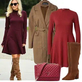 Outfity na zimu s Červená/Tmavě červená Pletené Šaty/Zimní šaty s dlouhým rukávem/Svetrové Šaty/Šaty S Rolákem/Zimní Pletené Šaty About You "Zimní Outfity"