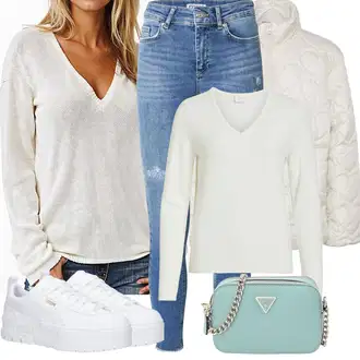 Outfit s Khaki/Stříbrný/Béžová/Bílá/Krémová Prošívaná Bunda/Jacquard Bund/Letní peřová Bunda/Puchová Bund/Nafukovací Bund/Udržitelná Bunda/Péřová Bunda VERO MODA "Zimní Outfity"