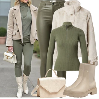 Kůže Outfit s Tmavě zelená/Khaki Kožená bunda/Motorkářské Džíny/High Waist Džínové Kalhoty/Džíny s Rozparkem/Termální Džíny JdY "Zimní Outfity"