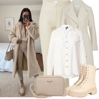 Outfit s Béžová/Khaki/Bílá Zvonová Kalhoty Kožené Zvonové Kalhoty/Kalhoty s nášivkou uprostřed/3/4 Kalhoty/Navlékací Kalhoty/Kalhoty z Umělé Kůže/Kalhoty s Vysokým Pasem/Kalhoty Bootcut/Slinky Kalhoty/Kalhoty se Štěrbinou guido maria kretschmer women "Zimní Outfity"