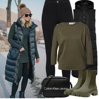 Outfit s Tmavě zelená Chelsea Boty/Gumová Kotníková Bota/Kožená bunda Only "Zimní Outfity"
