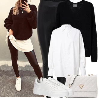 Outfit s Černá Formovaná Legína/Tregíny/Legíny s Podšívkou/Legíny s Vysokým Pasem/Kalhoty z Umělé Kůže/Vinylový Legín/Legíny Kožený Vzhled/Neprůhledný Legíny/Kožený legíny/Latexové legíny/Legíny s Rozparkem Only "Zimní Outfity"