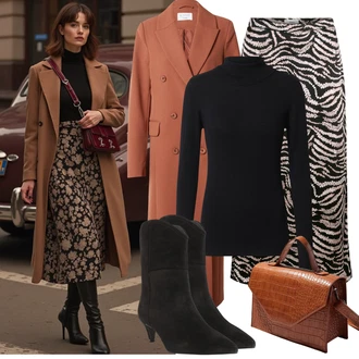 Outfit sa Crna/Smeđa Klasična čizmica/Gležnjača na visoku petu/Podstavljena Gležnjača/Čizma na Špic/Kaubojska čizma/Western Gležnjača/Čizma na visoku petu About You "Zimske Odjeće"
