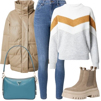 Outfit s Khaki/Béžová/Hnědá Kozačka Chelsea Boty/Chunky Tenisky/Bota na Platformě/Teniska na platformě/Bota na platformě/Kožená bunda Tamaris "Zimní Outfity"