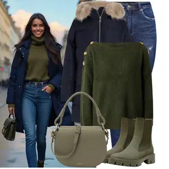 Outfit s Tmavě zelená Chelsea Boty/Gumová Kotníková Bota/Kožená bunda Only "Zimní look"