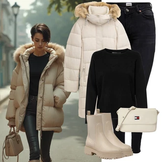 Outfit s Hnědá/Béžová/Khaki Chelsea Boty/Kožená bunda/Gumová Kotníková Bota/Plochá Kotníková Bota/Kotníková Bota s Podšívkou About You "Perfektní na zimu"