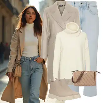 Outfity s "mom" džínami Zima s Krémová/Béžová/Bílá/Khaki Jednoduchý Svetr/Svetr s přehozem/Svetr s límečkem/Svetr Carmen/Kašmírový Svetr/Mohair Pullover/Kašmírový Svetr/Plyšový svetr/Rolák/Zimní Svetr/Vlněný Svetr/Vodopádový Svetr VERO MODA "Zimní look"