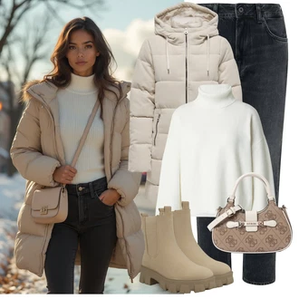 Outfit s Hnědá/Béžová/Khaki Chelsea Boty/Kožená bunda/Plochá Kotníková Bota/Gumová Kotníková Bota About You "Perfektní na zimu"