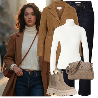 Outfit s Khaki/Béžová/Hnědá Kozačka Chelsea Boty/Chunky Tenisky/Bota na Platformě/Teniska na platformě/Bota na platformě/Kožená bunda Tamaris "Elegantní zimní outfit"